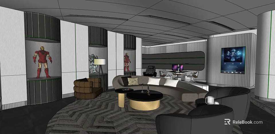 Basement Living Space With Modern Sofa Coffee Table Herringbone Rug And Decorative Paintings 3d model 