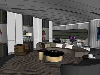 Basement Living Space With Modern Sofa Coffee Table Herringbone Rug And Decorative Paintings 3d model