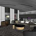 Basement Living Space With Modern Sofa Coffee Table Herringbone Rug And Decorative Paintings