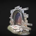 Ancient Stone Arched Doorway With Weathered Wooden Door And Rustic Stone Blocks