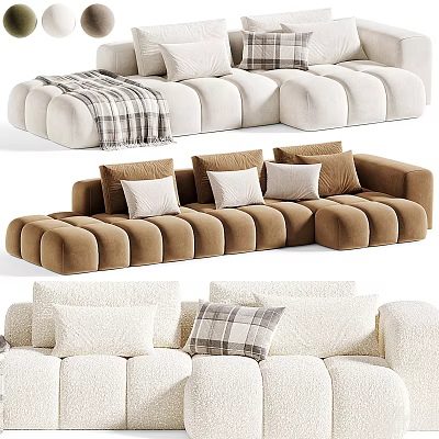 Plush White And Beige Sectional Sofa Featuring Multiple Pillows And Checkered Throw Blanket 3d model