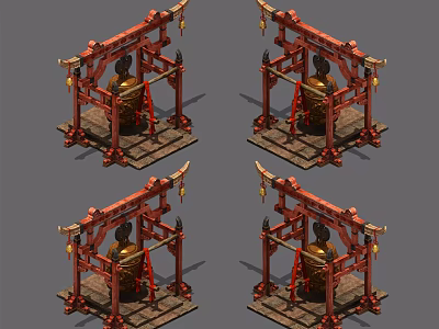 Ancient Musical Instruments Featuring Red Frames Hanging Bells And Wooden Pedestals Set Of Four 3d model