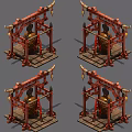 Ancient Musical Instruments Featuring Red Frames Hanging Bells And Wooden Pedestals Set Of Four