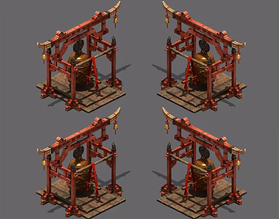 Ancient Musical Instruments Featuring Red Frames Hanging Bells And Wooden Pedestals Set Of Four 3d model