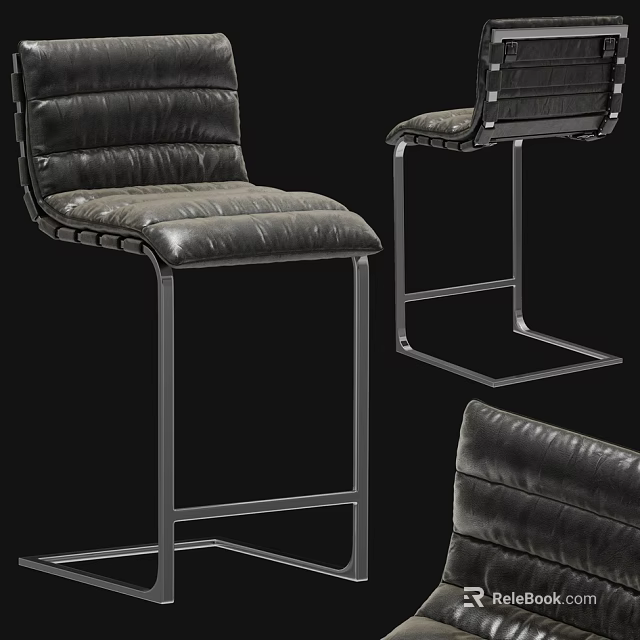 Black Leather Tall Bar Stools With Stitched Design And Metal Frame 3d model 