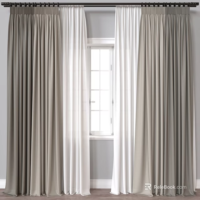 Elegant Light Colored Curtains Draped Over Window In Modern Room Interior 3d model