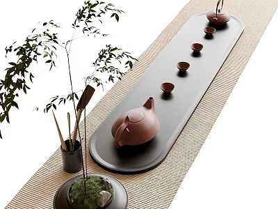 Traditional Tea Table Setup With Teapot Teacups Potted Green Plant And Bamboo Mat 3d model