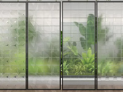 Modern Glass Partition Design With Various Patterns And Green Plants Background 3d model