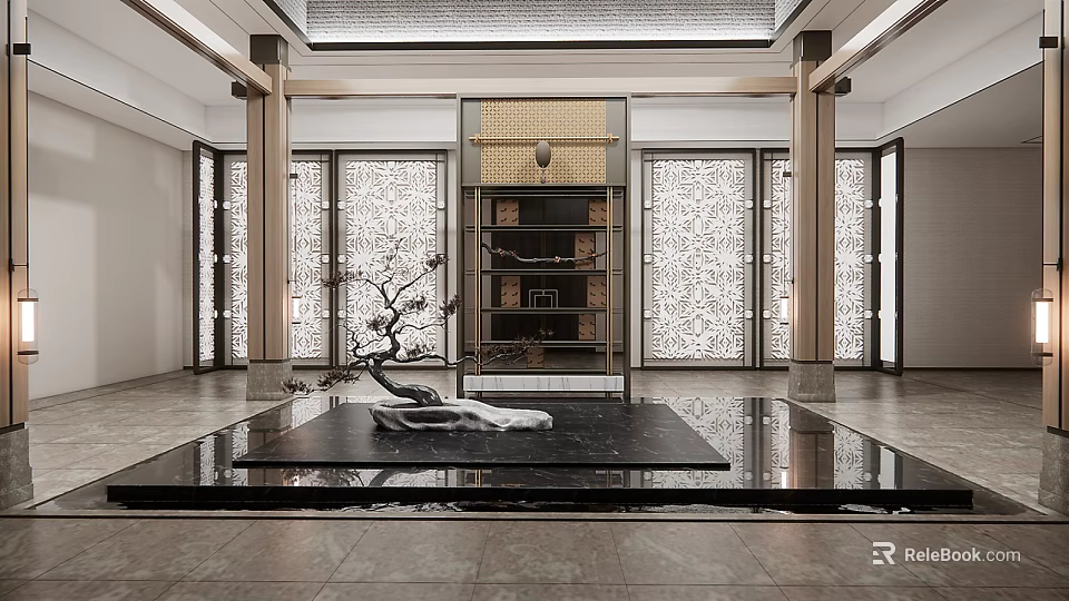 Elegant Oriental Hotel Lobby Featuring Carved Screens Marble Floor And Decorative Ornaments 3d model 