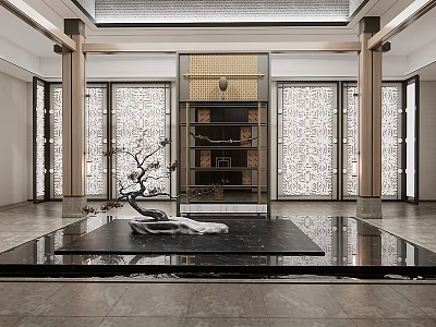 Elegant Oriental Hotel Lobby Featuring Carved Screens Marble Floor And Decorative Ornaments 3d model