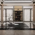 Elegant Oriental Hotel Lobby Featuring Carved Screens Marble Floor And Decorative Ornaments