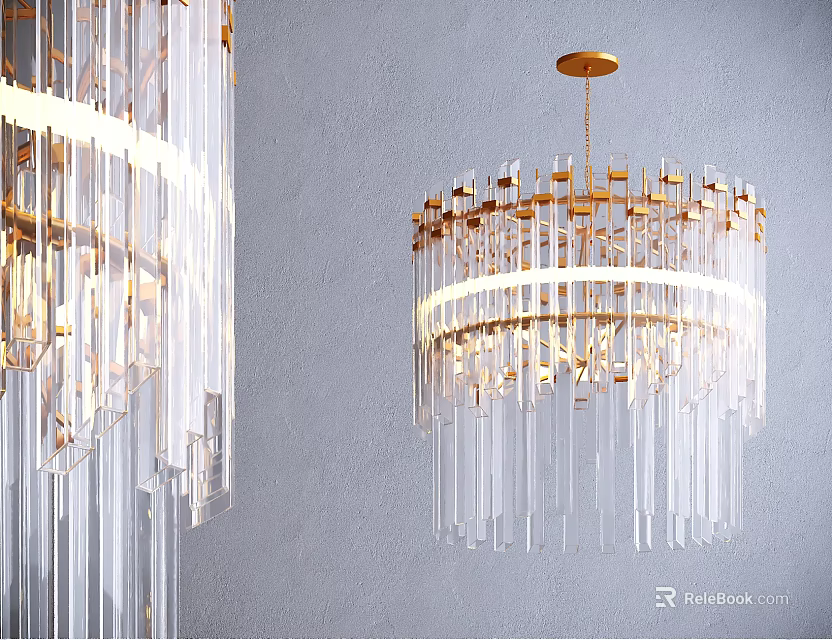 Crystal Chandelier with Gold Frame and Transparent Crystal Strips Modern Hanging Design 3d model 