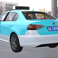 Blue and White Sedan Taxi Car With Roof Sign And Worker Pioneer Front Design