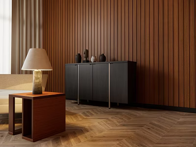 Entryway Cabinet and Side Cabinet with Wooden Panel Wall Table Lamp Decorative Vases Herringbone Floor 3d model