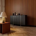 Entryway Cabinet and Side Cabinet with Wooden Panel Wall Table Lamp Decorative Vases Herringbone Floor