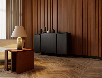 Entryway Cabinet and Side Cabinet with Wooden Panel Wall Table Lamp Decorative Vases Herringbone Floor 3d model