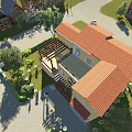 Detached Villa With Yellow Exterior Red Roof Terrace Pergola Greenery Courtyard And Tables Chairs