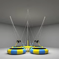 Indoor Circular Trampolines As Sports Equipment With Yellow Blue Design And White Hanging Ropes