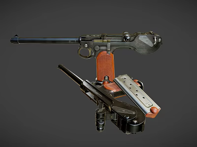 Classic Pistol With Wooden Grip Metal Parts And Extra Magazine On 3d model Classic Pistol With Wooden Grip Metal Parts And Extra Magazine On 3d model