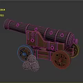 Detailed 3D Model of Vintage Cannon with Wooden Carriage Metal Barrel and Cannonballs