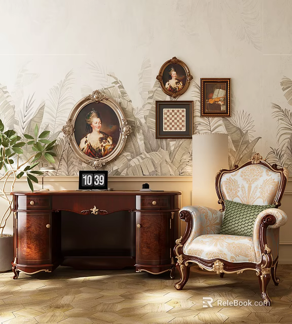 Antique Dresser With Framed Portraits Green Plant Ornate Chair And Wallpaper Backdrop 3d model 
