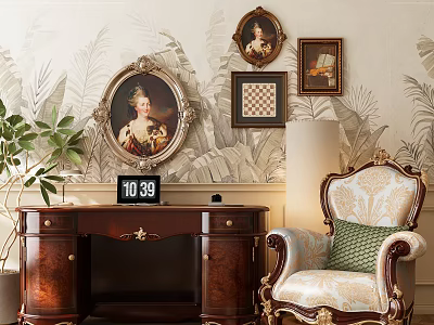 Antique Dresser With Framed Portraits Green Plant Ornate Chair And Wallpaper Backdrop 3d model