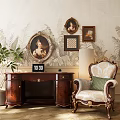 Antique Dresser With Framed Portraits Green Plant Ornate Chair And Wallpaper Backdrop