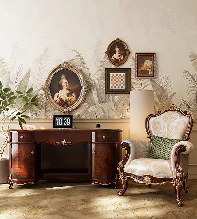 Antique Dresser With Framed Portraits Green Plant Ornate Chair And Wallpaper Backdrop 3d model