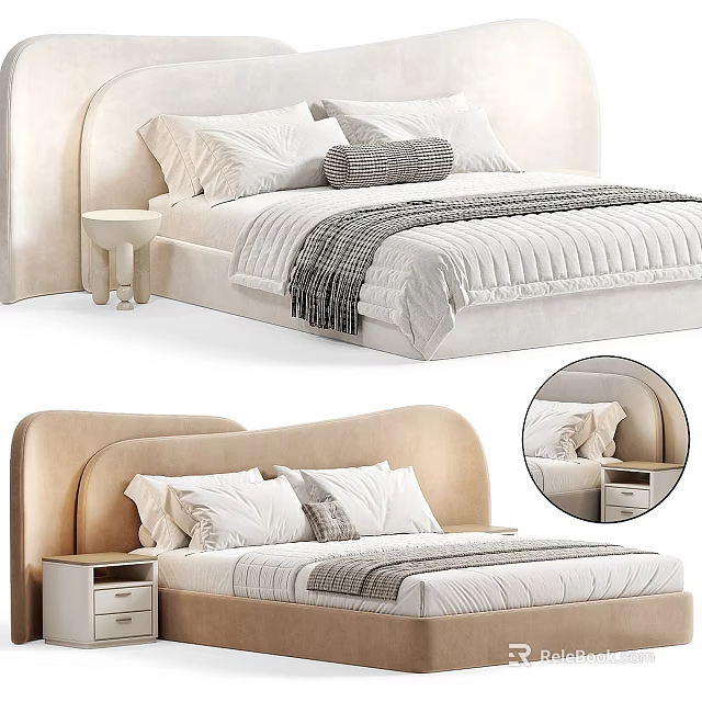 Double Bed With Curved Light Colored Headboard White Bedding Matching Nightstand And Pillows 3d model