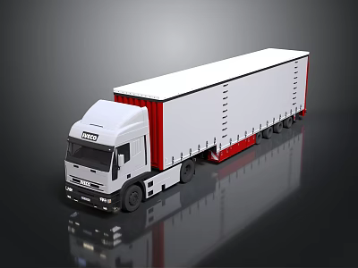 White Cab Truck With Red Sided White Trailer And Ladders On Reflective Surface 3d model