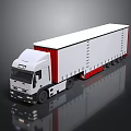White Cab Truck With Red Sided White Trailer And Ladders On Reflective Surface
