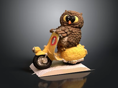 Cute Brown Owl Riding Yellow Scooter Decorative Figurine on Base 3d model