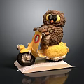Cute Brown Owl Riding Yellow Scooter Decorative Figurine on Base