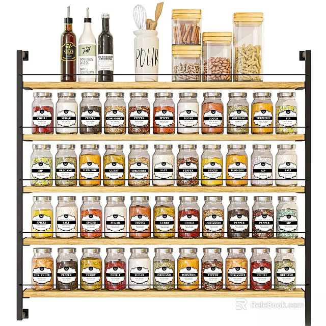 Organized Glass Spice Jars On Multiple Layers Metal Rack For Decorative Kitchen Storage 3d model 