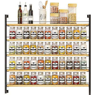 Organized Glass Spice Jars On Multiple Layers Metal Rack For Decorative Kitchen Storage 3d model