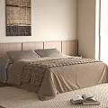 Double Bed With Wooden Headboard Gray Pillows Beige Bedspread Woven Blanket Wall Art Open Book