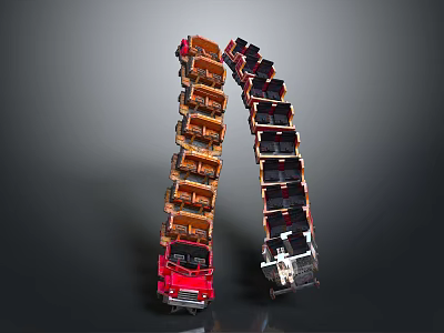 Innovative Truck Stacked Arch Architecture Featuring Red Orange Black White Vehicles 3d model