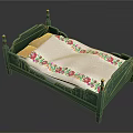 Single Bed with Green Frame Yellow Accents Pink Pillows and Floral Embroidered Quilt