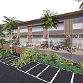Modern Commercial Street With Retail Spaces Outdoor Seating Palm Trees Greenery And Pedestrian Walkways