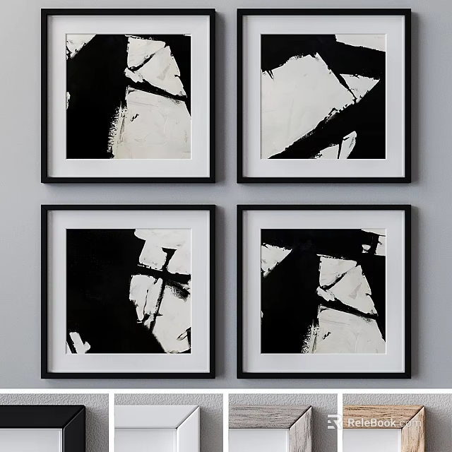 Four Black Picture Frames With Abstract Black White Art Hanging On Gray Wall 3d model 