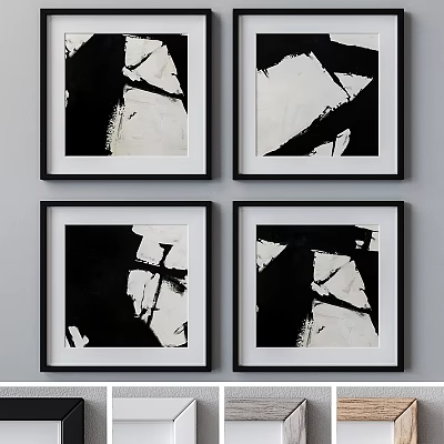 Four Black Picture Frames With Abstract Black White Art Hanging On Gray Wall 3d model