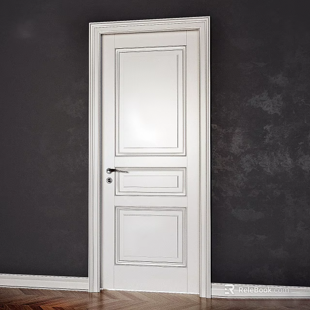 White Hinged Door with Simple Panel Design and Silver Handle on Dark Wall 3d model 