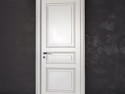 White Hinged Door with Simple Panel Design and Silver Handle on Dark Wall 3d model