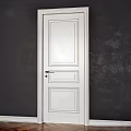 White Hinged Door with Simple Panel Design and Silver Handle on Dark Wall 3d model