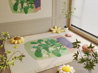 Square Rug With Green Leaf Flower Patterns Sunflowers And Plants In Window Area 3d model