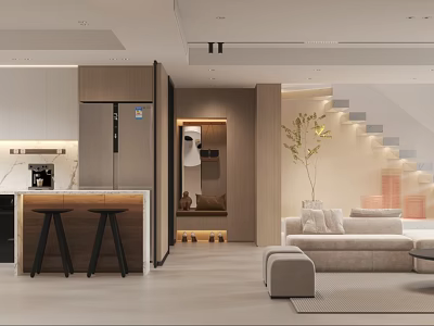 Modern Dining and Living Room Interior With Open Layout Bar Counter Sofa And Staircase 3d model