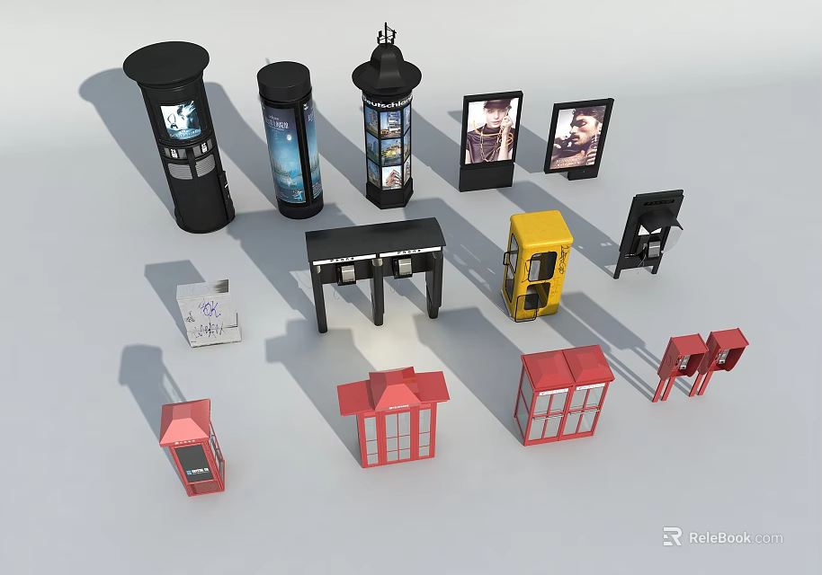 Various Types of Urban Roadside Facilities with Billboards Phone Booths and Information Kiosks 3d model 