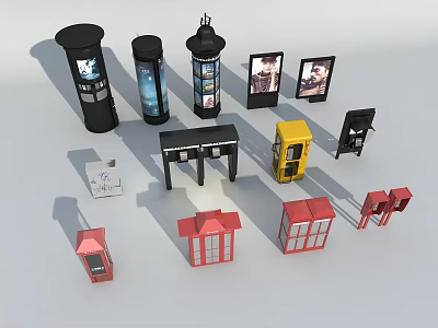 Various Types of Urban Roadside Facilities with Billboards Phone Booths and Information Kiosks 3d model