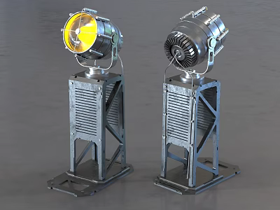 Industrial Style Searchlights On Metal Stands With Yellow Illuminated Light Fixtures 3d model