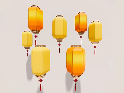 Traditional Decorative Hanging Lanterns With Yellow Orange Hues And Red Tassels Design 3d model
